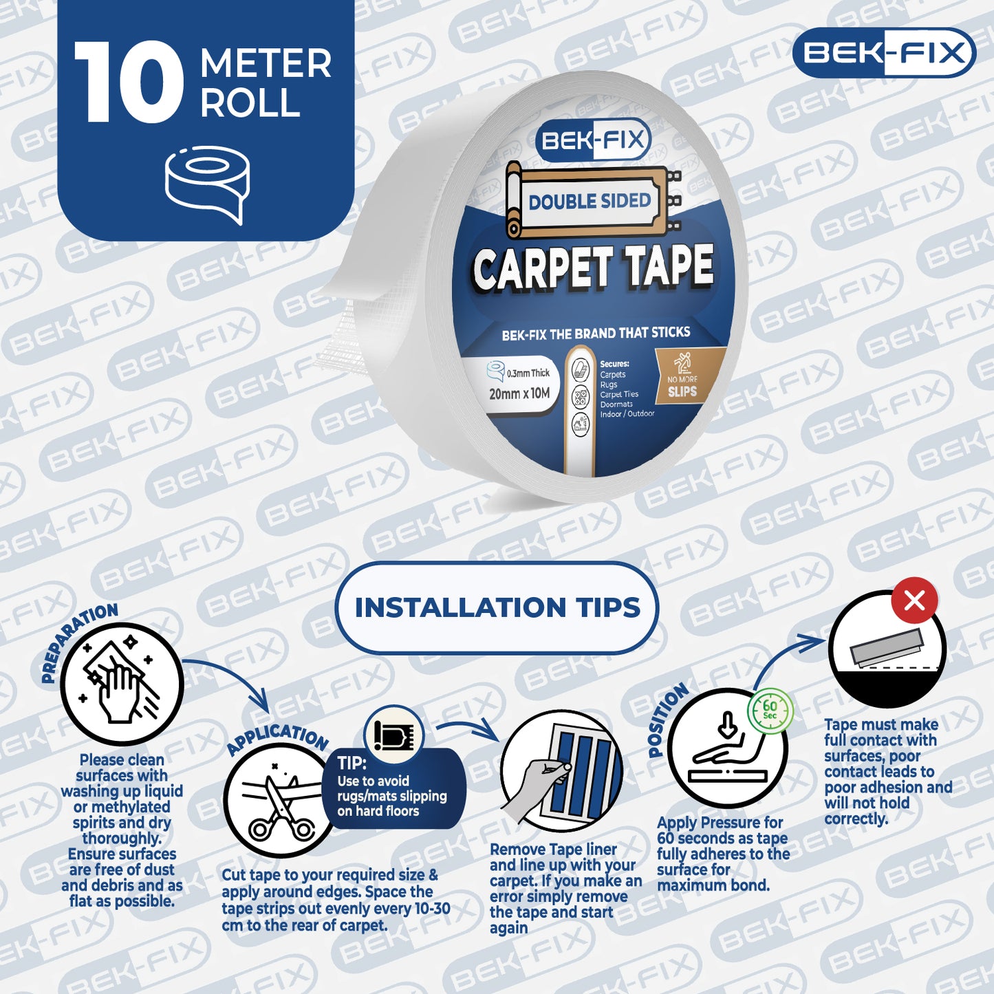 Carpet Tape, Rug Tape, Double Sided, Strong Glue, Safe and Removable for Hard Floors Works on Carpets, Tiles, Bathmats, Rugs, Doormat, Lino