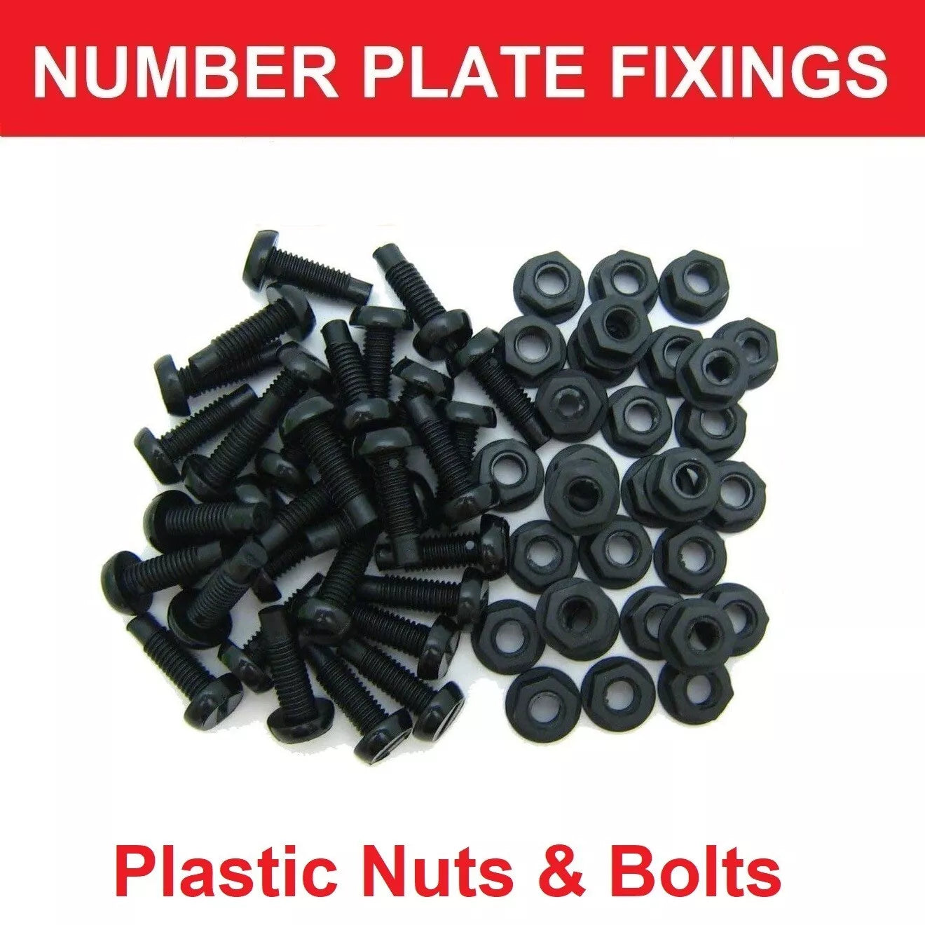 Black Plastic Number Plate Screws & Black Nuts Bolts Fixings Fittings - 100 Pack