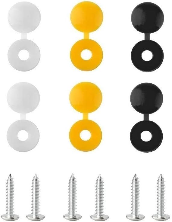 Number Plate Screws & Caps 6 Black 6 White 6 Yellow Caps Fixing Kit Fitting Kit