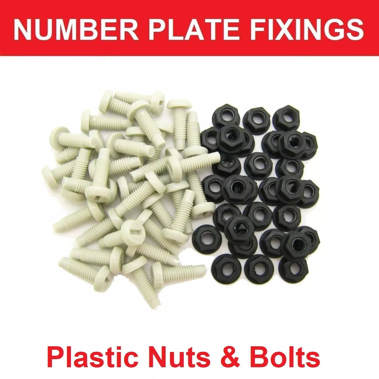 White Plastic Number Plate Screws & Black Nuts Bolts Fixings Fittings - 100 Pack