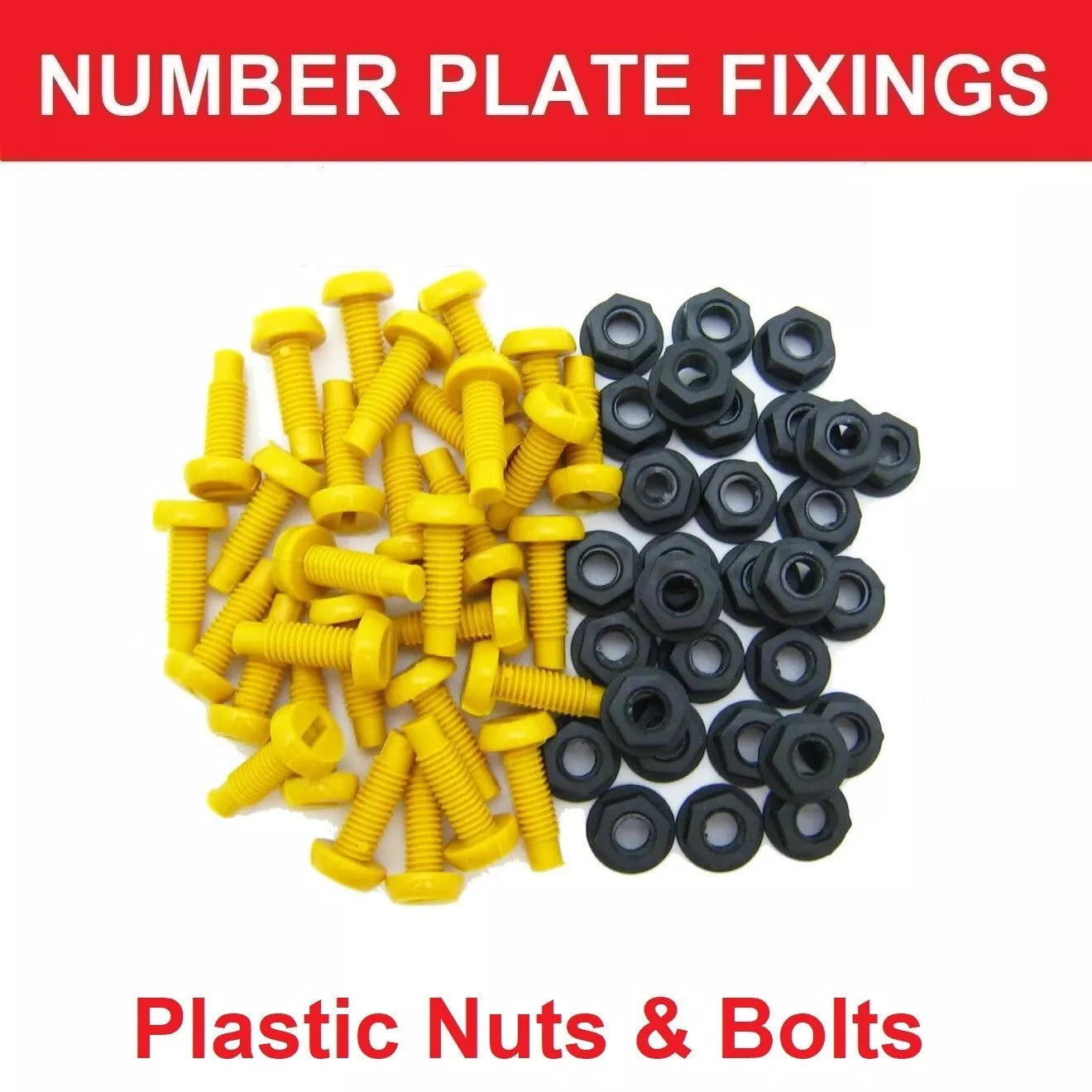 Yellow Plastic Number Plate Screws & Black Nuts Bolts Fixings Fittings 100 Pack