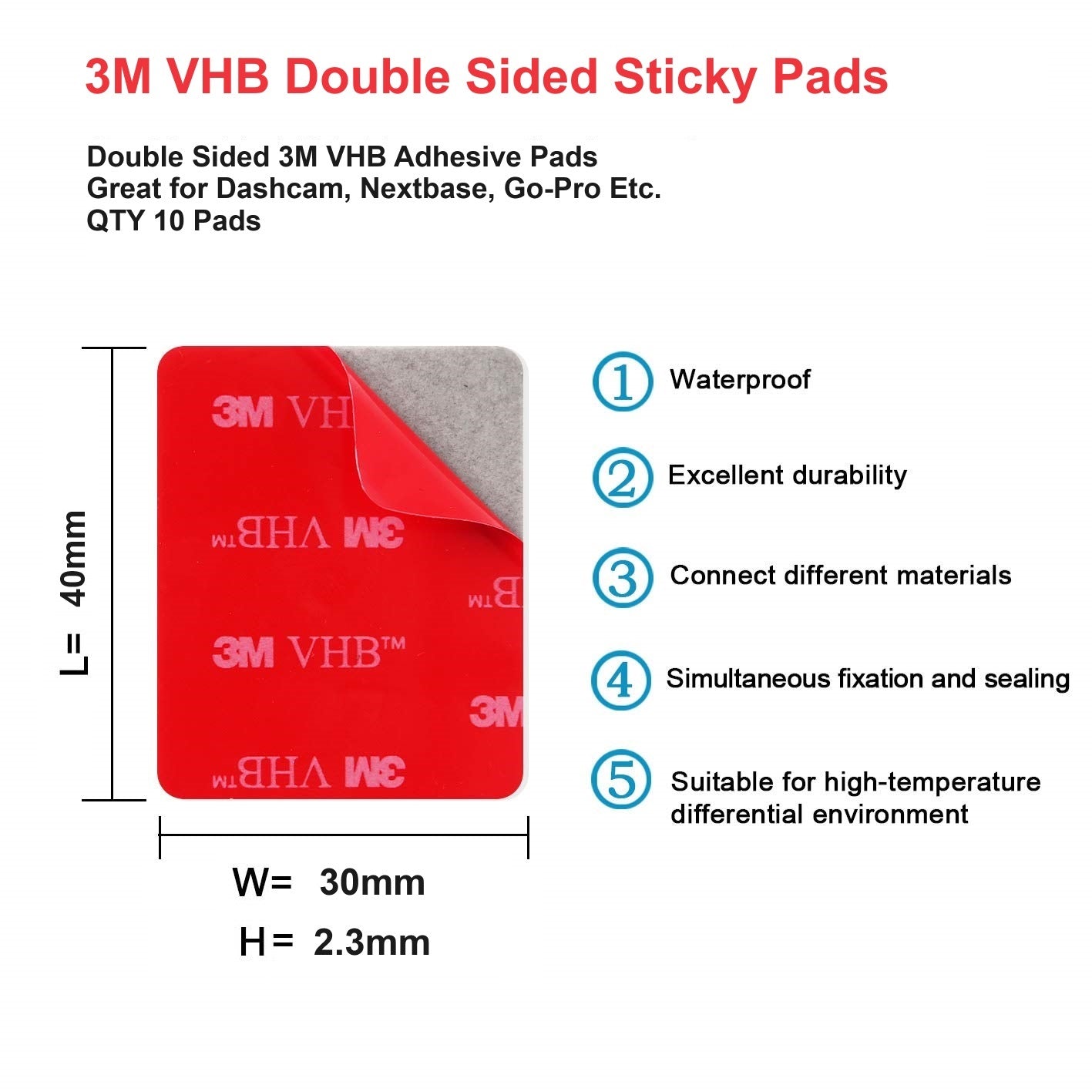 3M VHB Self Adhesive Pads, SJCAM, GoPro, Dashcam, Nextbase 40mm x 30mm Qty x 10