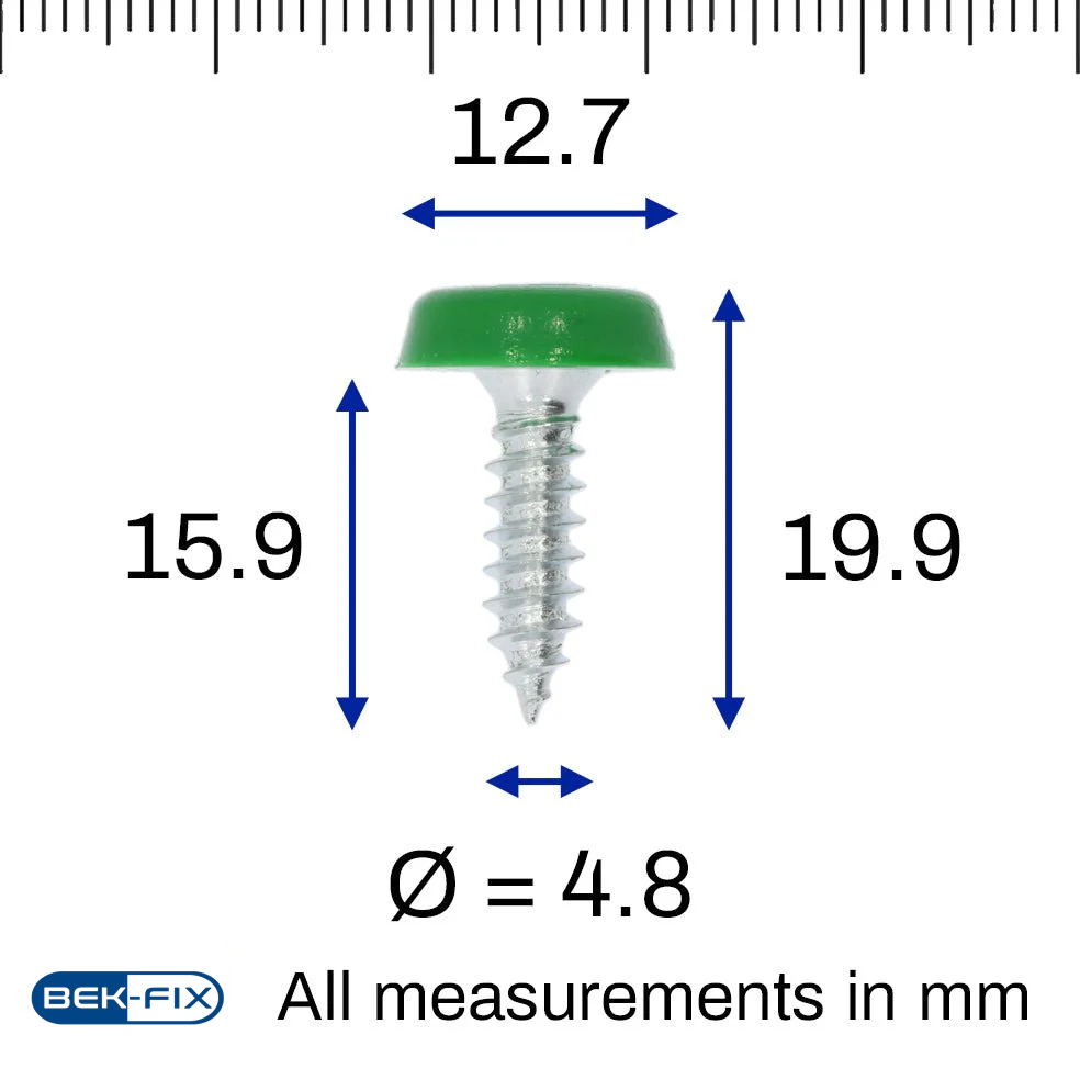Green Number Plate Screws - Polytop Screws - Polytops - EV Green - Pack 100