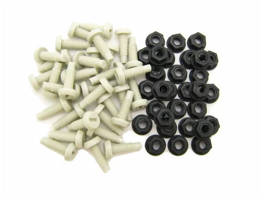 White Plastic Number Plate Screws & Black Nuts Bolts Fixings Fittings - 100 Pack